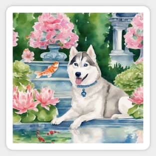 Husky and a flying fish, whimsical watercolor painting Sticker